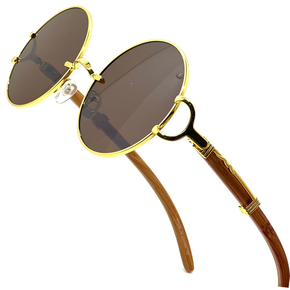 Round Sunglasses Gold Frame Wood Temple‎ Men's Fashion Statement Street Wear Rap
